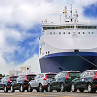 Vehicles from the Volvo Cars assembly plant waiting to loaded on the roll-on/roll-off / roro ship at the Ghent seaport, Belgium